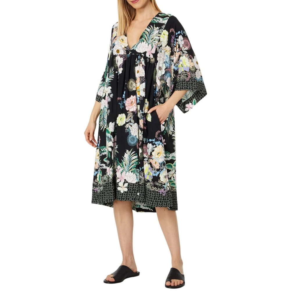 JOHNNY WAS Floral Black Midi Swing Dress Size Small‎